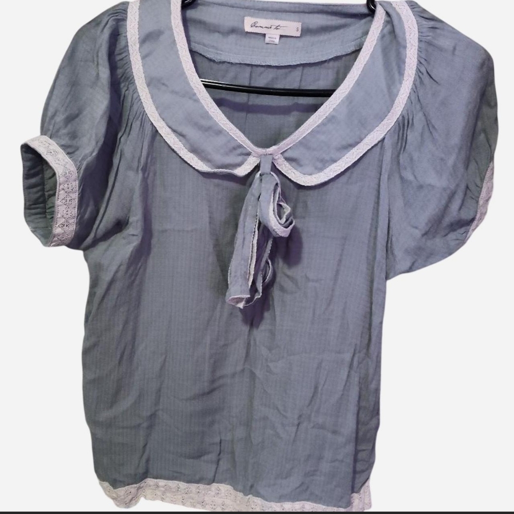 Grey Green Tie-Front Lace-Trim Blouse